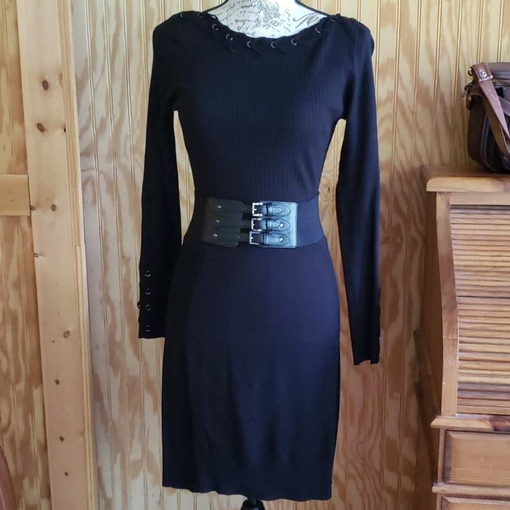 Cache' Black Stretch Knit Belted Dress